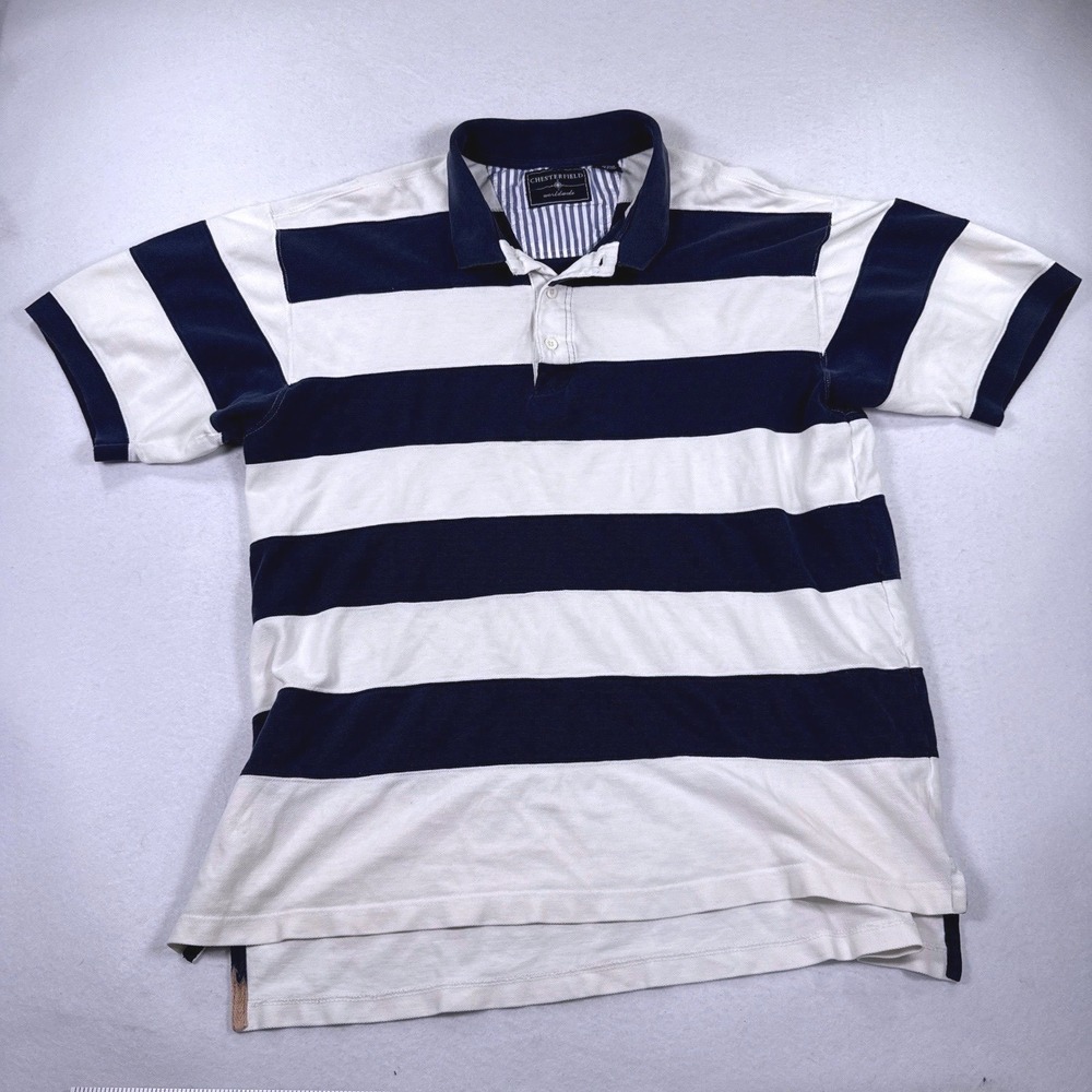 Vintage 90s Chesterfield Striped Rugby Shirt Mens XL Navy White Short Sleeve Y2K